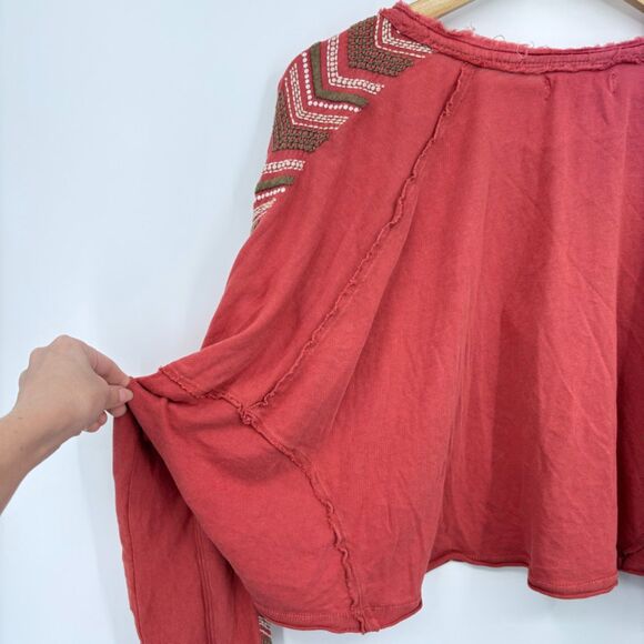 Free People Embroidered Long Sleeve Cropped Henley, Size Medium, Raw Hem Boho - Picture 8 of 11